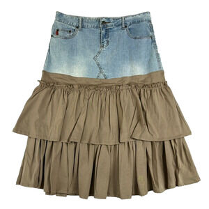 Mudd Skirt Women's 9 Y2K Boho Tiered Denim Mixed Media Peasant Midi